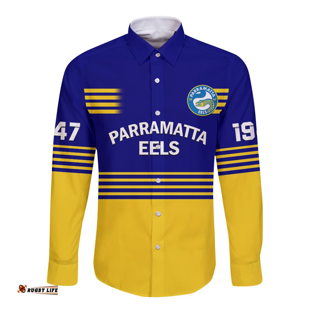 Personalised Eels Rugby Long Sleeve Button Shirt Parramatta 1947 Dynamic Blue