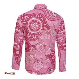 Australia Indigenous Long Sleeve Button Shirt Breast Cancer Pink Aboriginal Butterfly