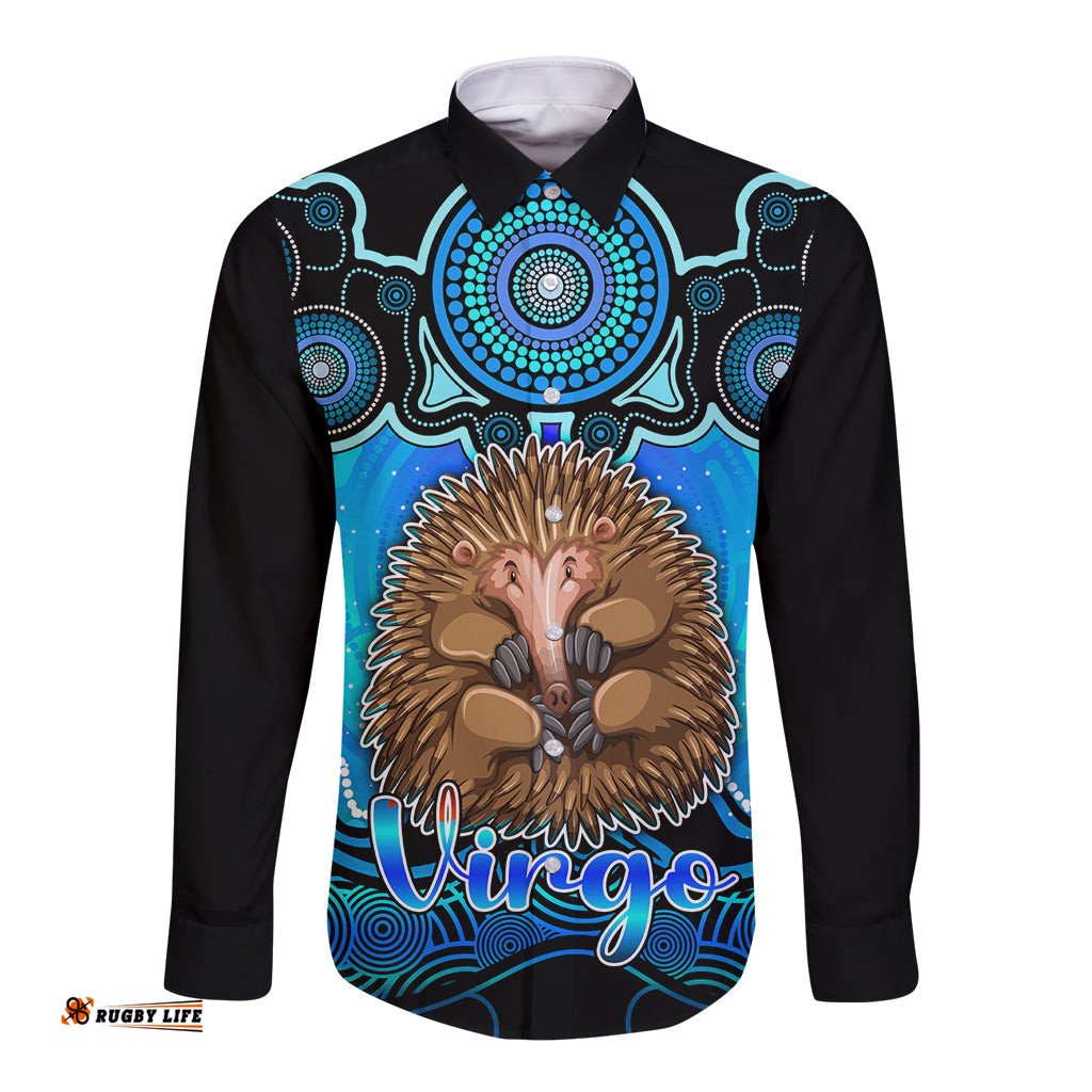 Personalised Australia Virgo Echidna Zodiac Long Sleeve Button Shirt Auz Astrology Aboriginal - Aqua