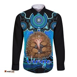 Personalised Australia Virgo Echidna Zodiac Long Sleeve Button Shirt Auz Astrology Aboriginal - Aqua