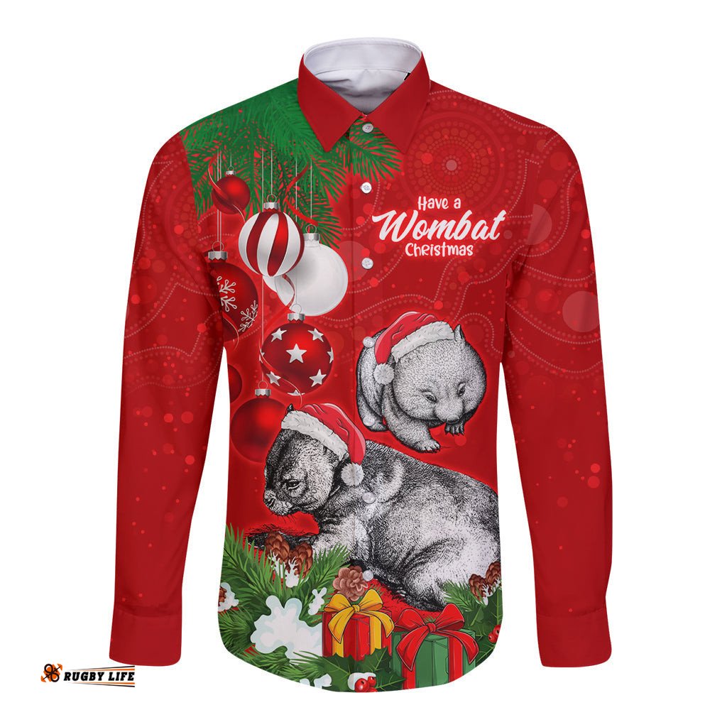 Wombat Lover Long Sleeve Button Shirt Australia Merry Christmas Aboriginal