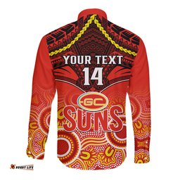 Personalised Gold Coast Football Long Sleeve Button Shirt Suns Aboriginal Mix Polynesian Pattern
