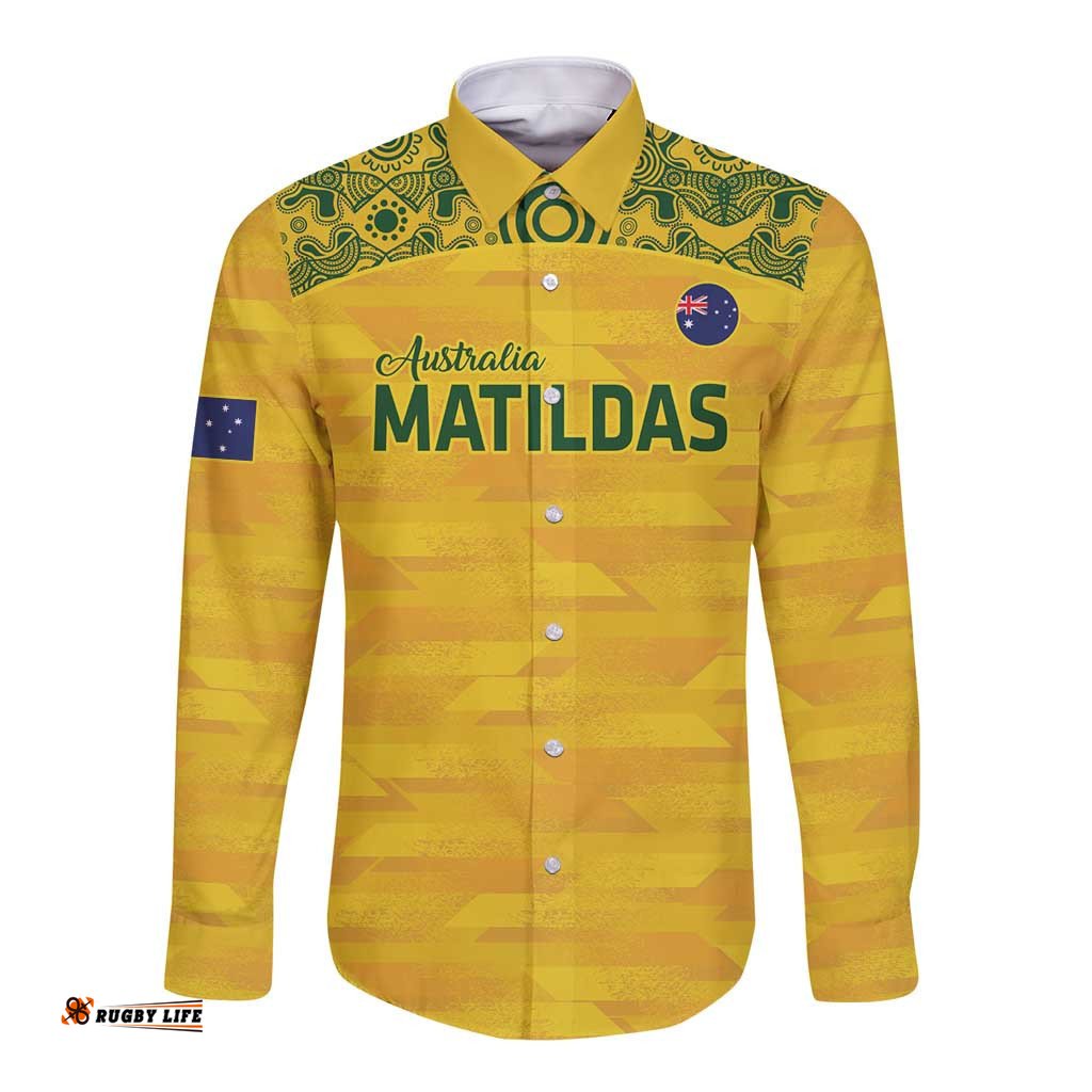 Custom Australia Matildas Long Sleeve Button Shirt National Color Indigenous Art