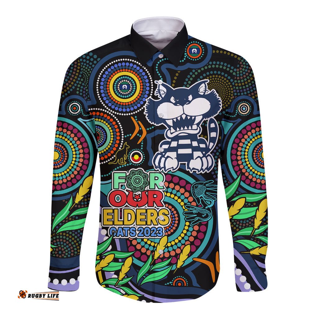 Cats Football Aboriginal Art Long Sleeve Button Shirt NAIDOC Indigenous Tribal