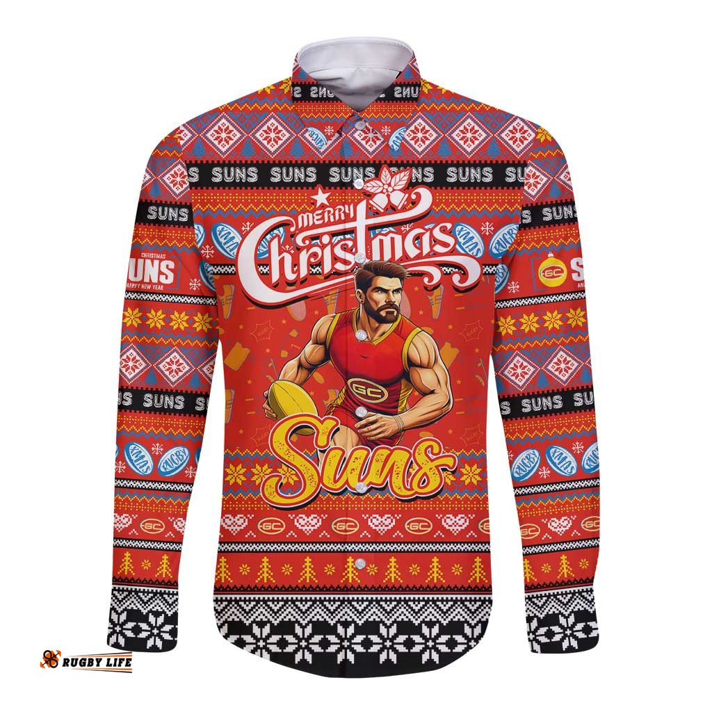 Personalized Suns Football Xmas Long Sleeve Button Shirt Australia AFL Mascot