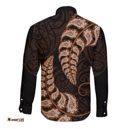 Brown New Zealand Paisley Silver Fern Long Sleeve Button Shirt Aotearoa Maori