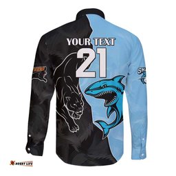 NRL Panthers-Shark Mascot Custom Long Sleeve Button Shirt Cracked Metal Style