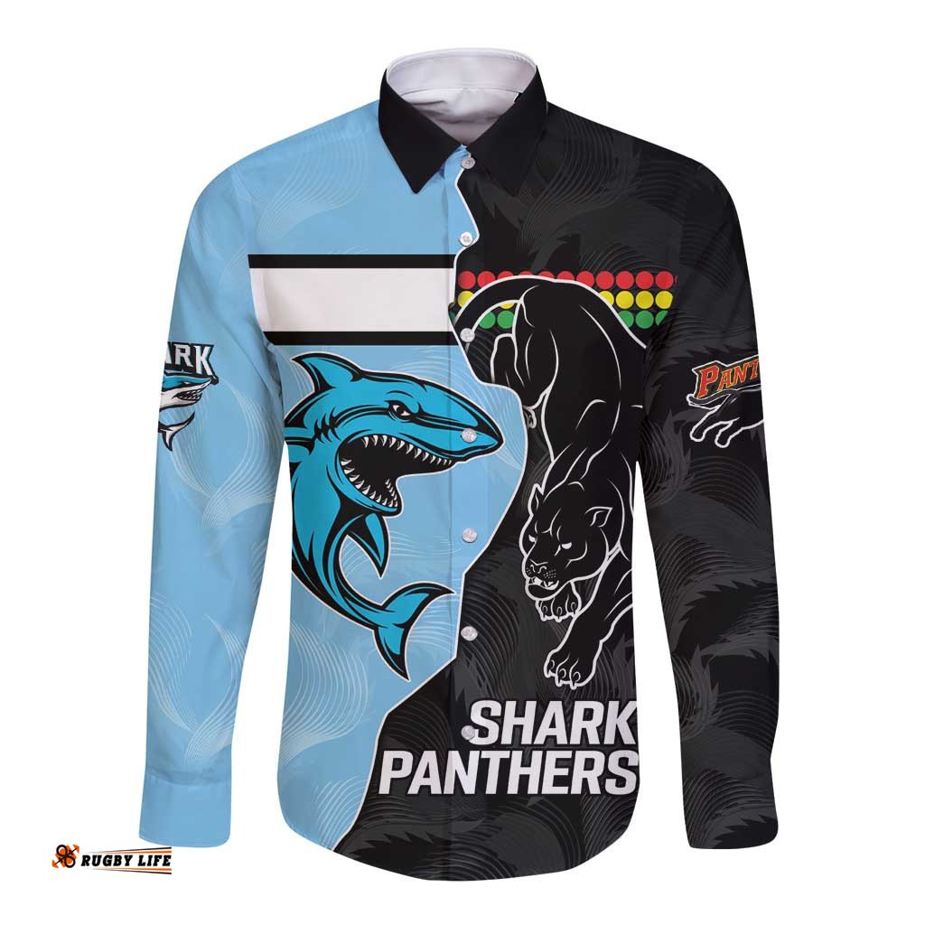 NRL Panthers-Shark Mascot Custom Long Sleeve Button Shirt Cracked Metal Style