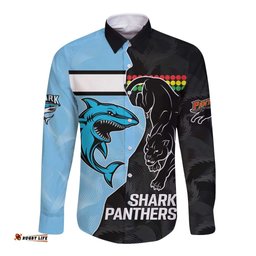 NRL Panthers-Shark Mascot Custom Long Sleeve Button Shirt Cracked Metal Style