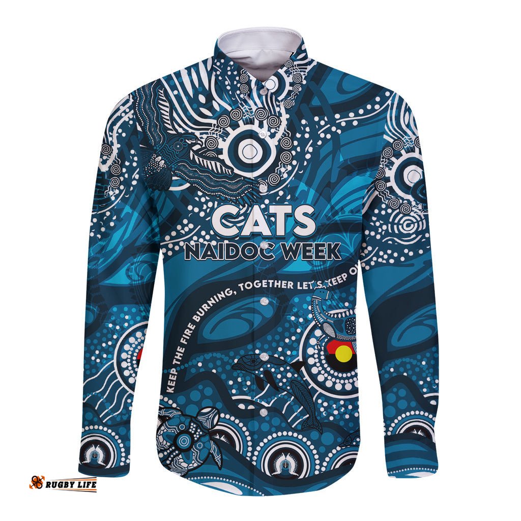 Custom NAIDOC Week 2024 Blues Long Sleeve Button Shirt Aboriginal Animals Keep The Fire Burning