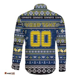 Personalized Cowboys Rugby Xmas Long Sleeve Button Shirt Australia NRL Mascot