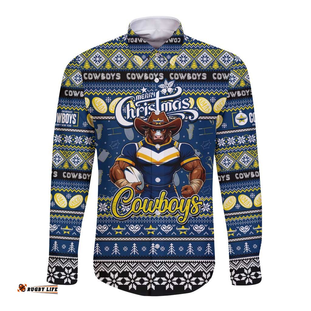 Personalized Cowboys Rugby Xmas Long Sleeve Button Shirt Australia NRL Mascot
