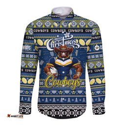Personalized Cowboys Rugby Xmas Long Sleeve Button Shirt Australia NRL Mascot