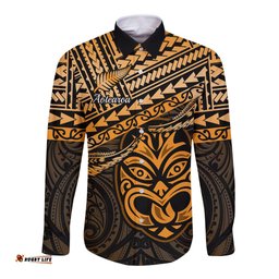 Personalised Matariki New Zealand Long Sleeve Button Shirt Maori New Year Tiki Gold Version
