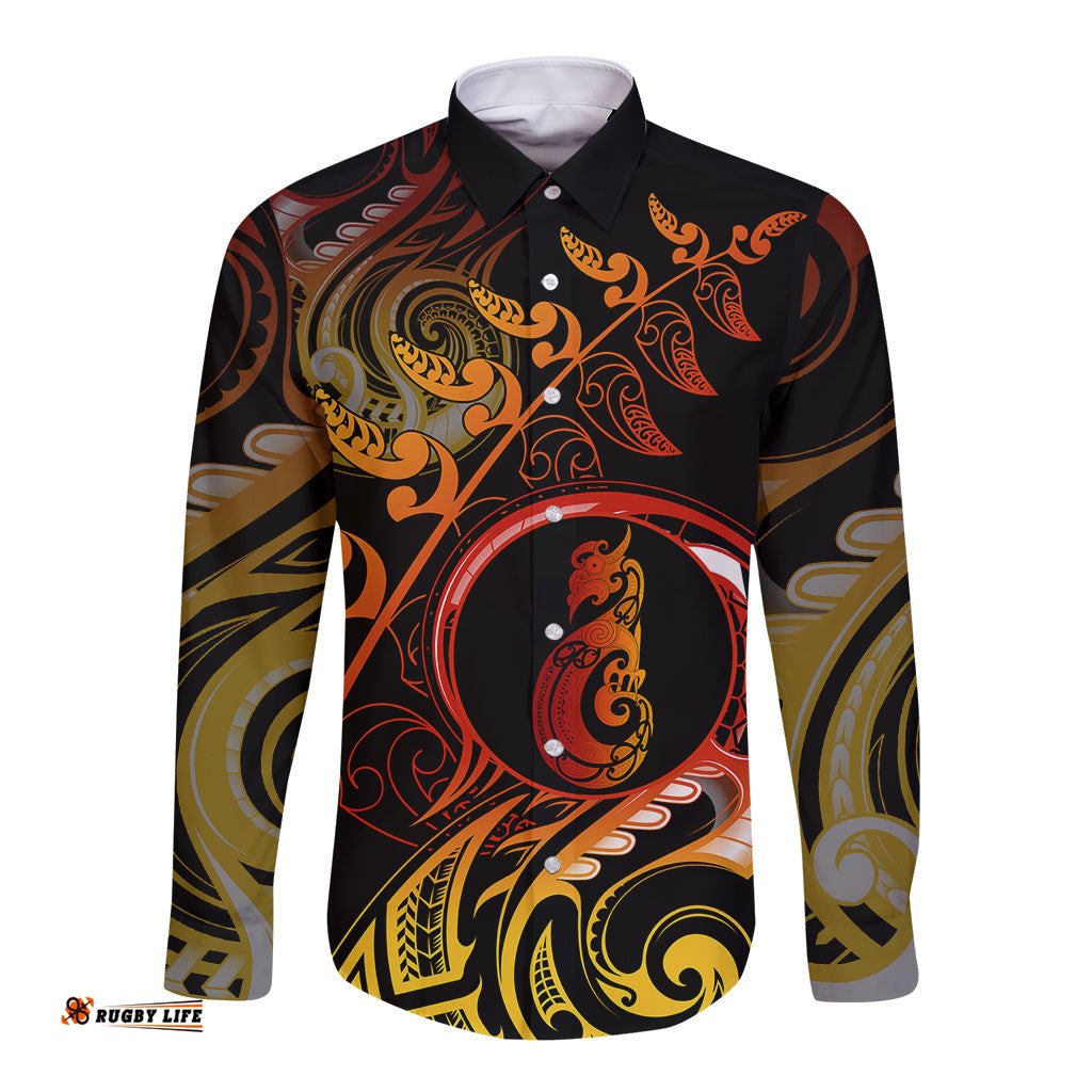 New Zealand Long Sleeve Button Shirt Aotearoa Manaia Maori Fern Tattoo Arty