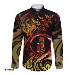New Zealand Long Sleeve Button Shirt Aotearoa Manaia Maori Fern Tattoo Arty