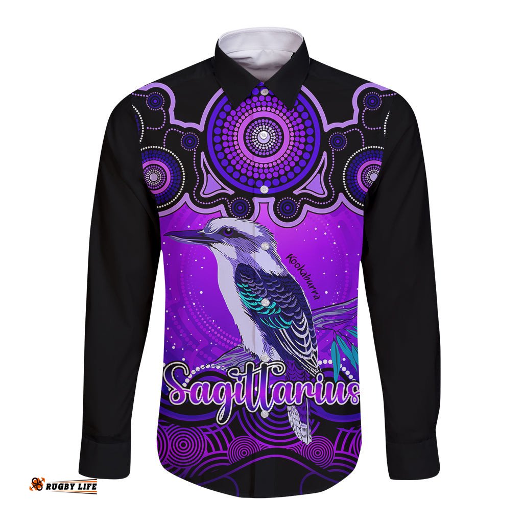 Personalised Australia Sagittarius Kookaburra Zodiac Long Sleeve Button Shirt Auz Astrology Aboriginal Purple