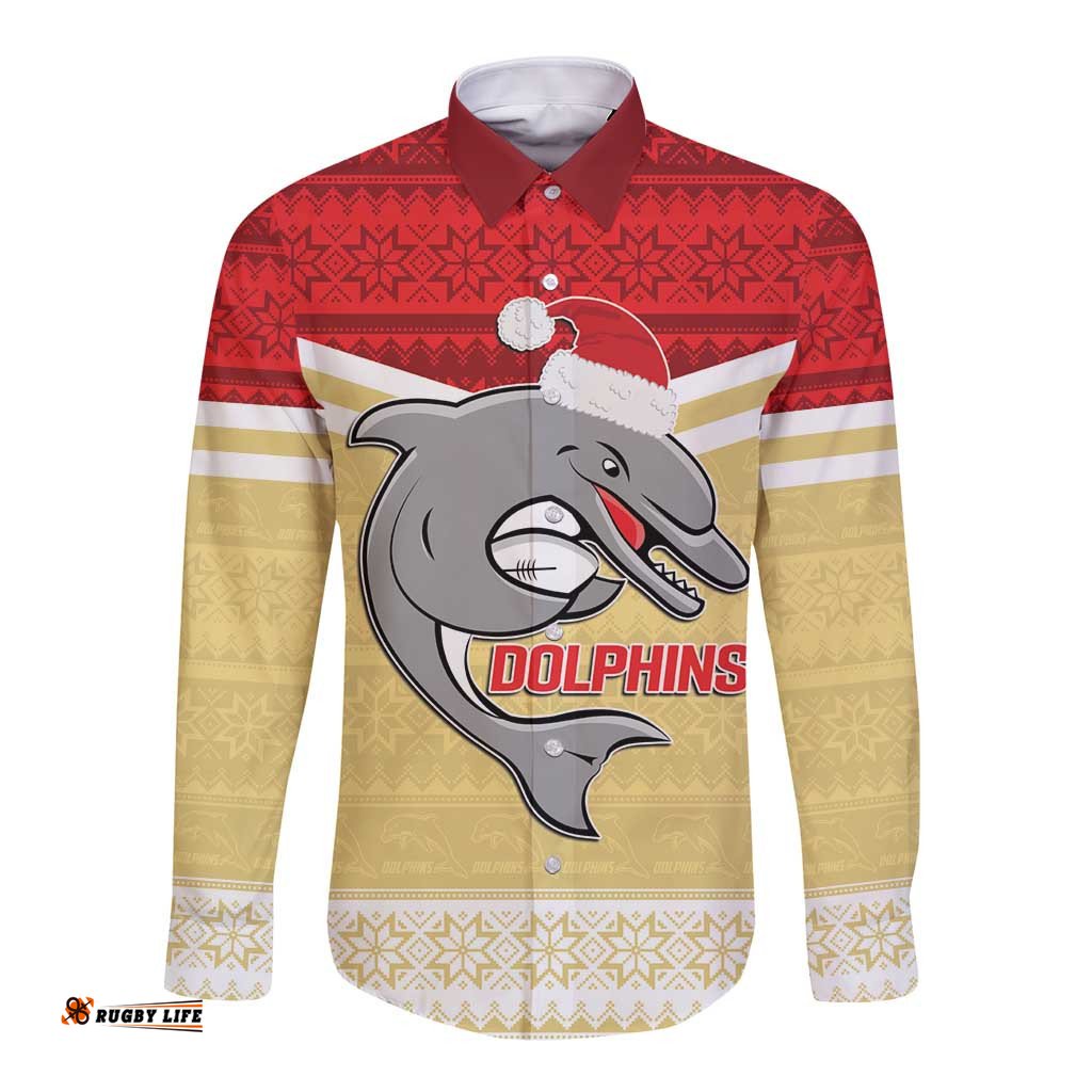 NRL Dolphins Mascot Christmas Personalised Long Sleeve Button Shirt God Style