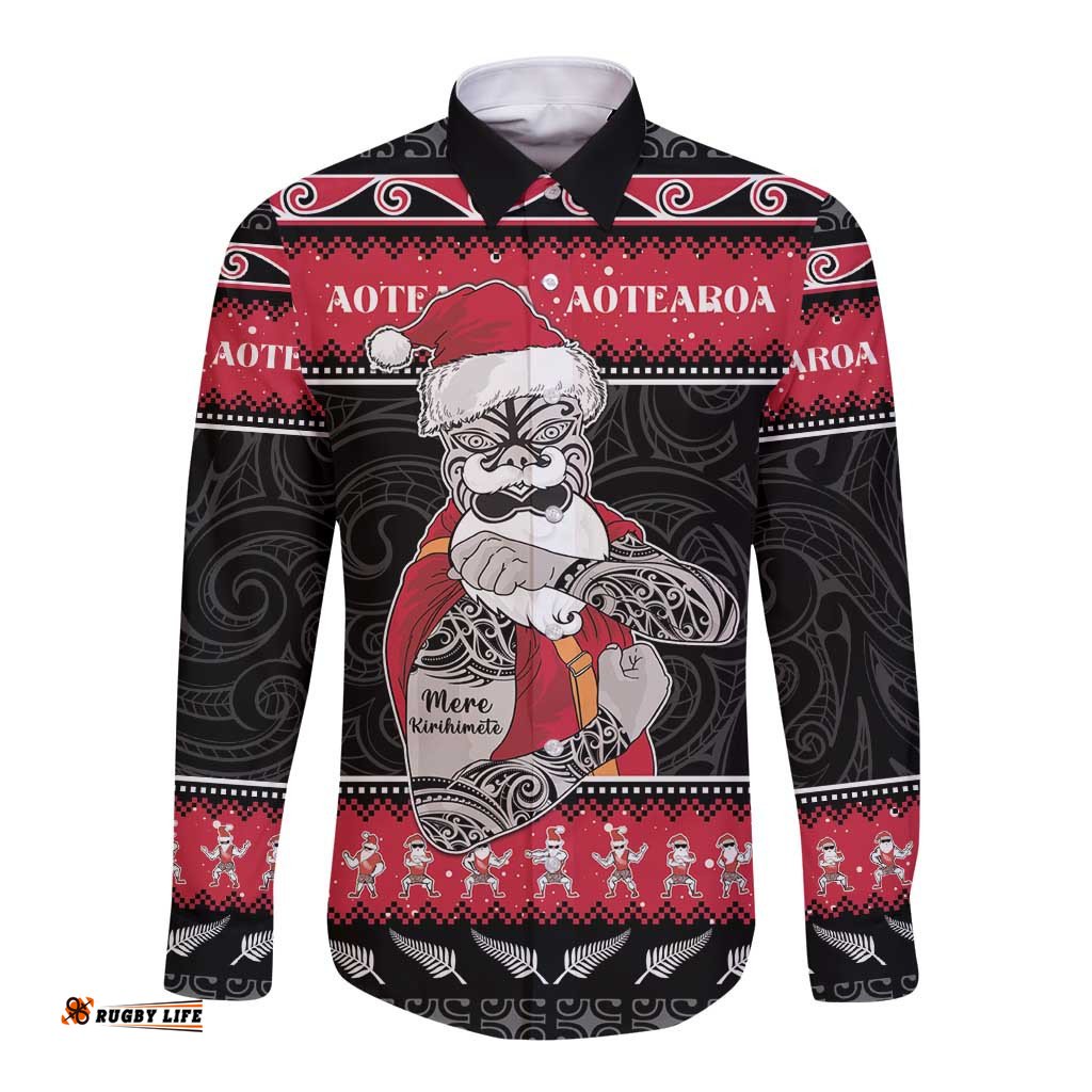 New Zealand Santa Tiki Christmas Long Sleeve Button Shirt Meri Kirihimete