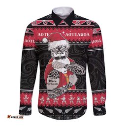 New Zealand Santa Tiki Christmas Long Sleeve Button Shirt Meri Kirihimete
