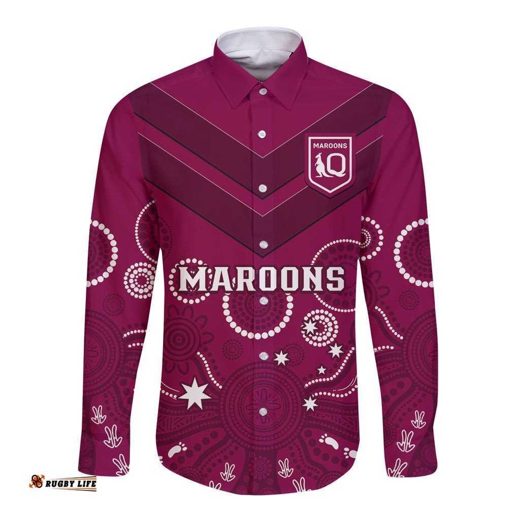 Maroons Rugby Long Sleeve Button Shirt QLD Aboriginal Art