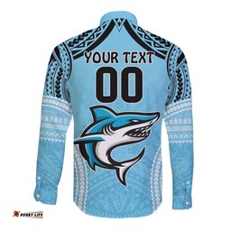 Sharks Rugby Custom Long Sleeve Button Shirt With Polynesian Style