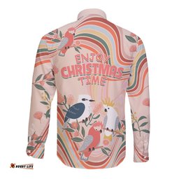 Australia Hippie Christmas Long Sleeve Button Shirt Cockatoo Kookaburra with Wattle Pink Peach Style