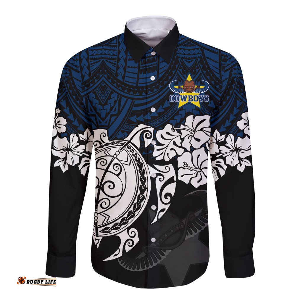 Custom Cowboys Rugby Long Sleeve Button Shirt Hibiscus and Turtle With Polynesian Pattern