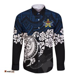 Custom Cowboys Rugby Long Sleeve Button Shirt Hibiscus and Turtle With Polynesian Pattern