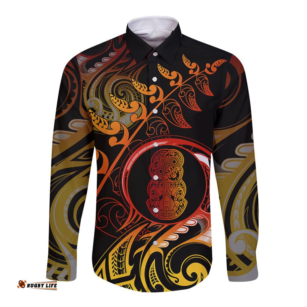 New Zealand Long Sleeve Button Shirt Aotearoa Hei-Tiki Maori Fern Tattoo Arty