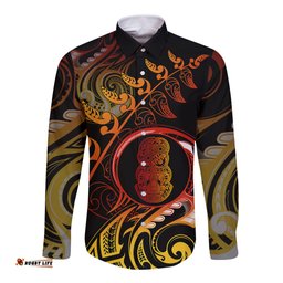 New Zealand Long Sleeve Button Shirt Aotearoa Hei-Tiki Maori Fern Tattoo Arty