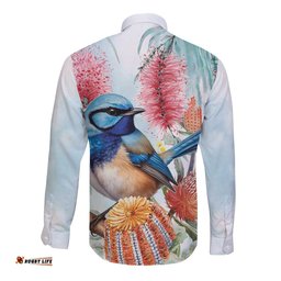 Splendid Fairy-wren Australia Long Sleeve Button Shirt Aussie National Flowers - Watercolor Style