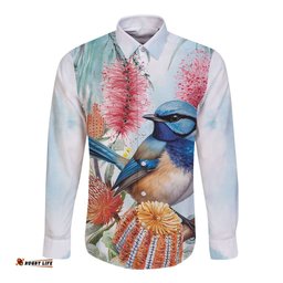 Splendid Fairy-wren Australia Long Sleeve Button Shirt Aussie National Flowers - Watercolor Style
