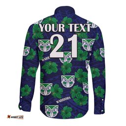 Custom Text And Number New Zealand Warriors Rugby Long Sleeve Button Shirt Polynesian Style With Hibiscus