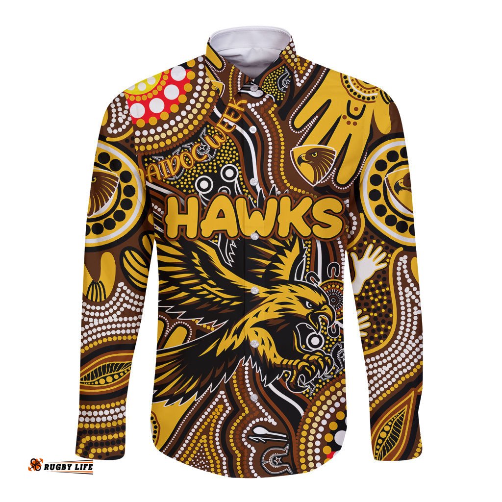 Personalised NAIDOC Week 2024 Hawthorn Hawks Long Sleeve Button Shirt Australian Aboriginal Hand Painting