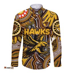 Personalised NAIDOC Week 2024 Hawthorn Hawks Long Sleeve Button Shirt Australian Aboriginal Hand Painting