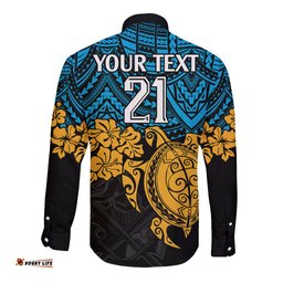 Custom Titans Rugby Long Sleeve Button Shirt GLD Hibiscus and Turtle With Polynesian Pattern