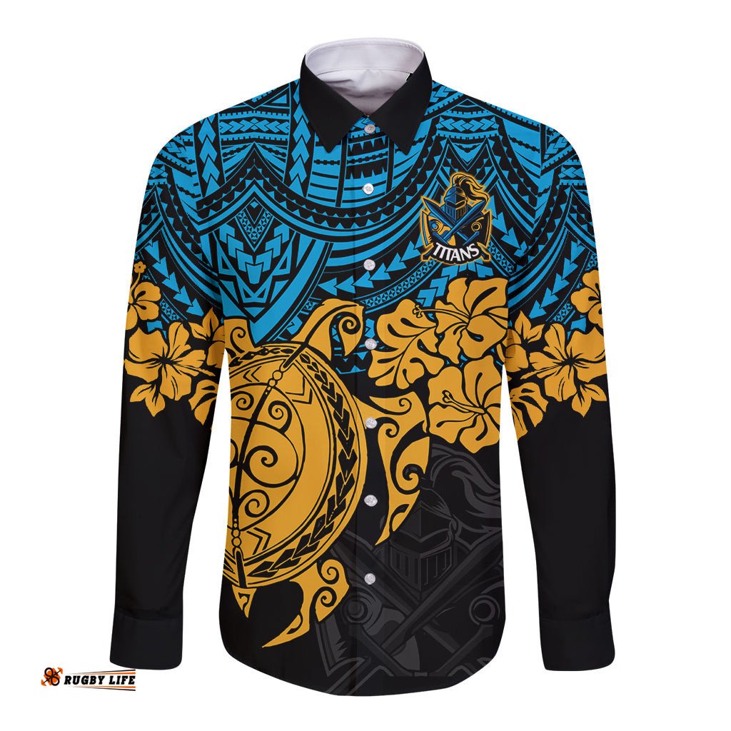 Custom Titans Rugby Long Sleeve Button Shirt GLD Hibiscus and Turtle With Polynesian Pattern