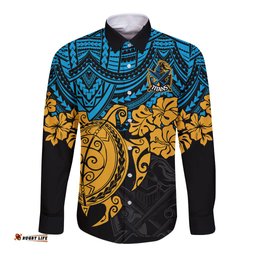 Custom Titans Rugby Long Sleeve Button Shirt GLD Hibiscus and Turtle With Polynesian Pattern