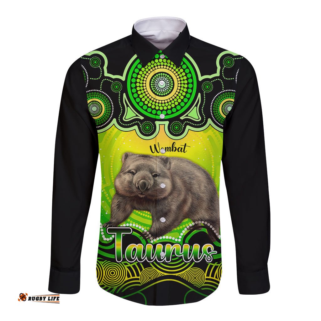 Personalised Australia Taurus Wombat Zodiac Long Sleeve Button Shirt Auz Astrology Aboriginal Green