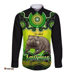 Personalised Australia Taurus Wombat Zodiac Long Sleeve Button Shirt Auz Astrology Aboriginal Green