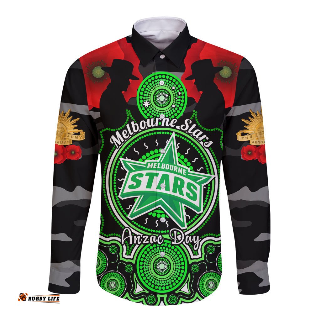 Melbourne Stars ANZAC 2024 Long Sleeve Button Shirt Lest We Forget Poppy Mix Camouflage