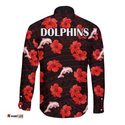 Dolphins Rugby Long Sleeve Button Shirt Polynesian Style With Hibiscus