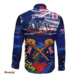Australia And New Zealand ANZAC Day Long Sleeve Button Shirt Lest We Forget Silver Fern With Golden Wattle
