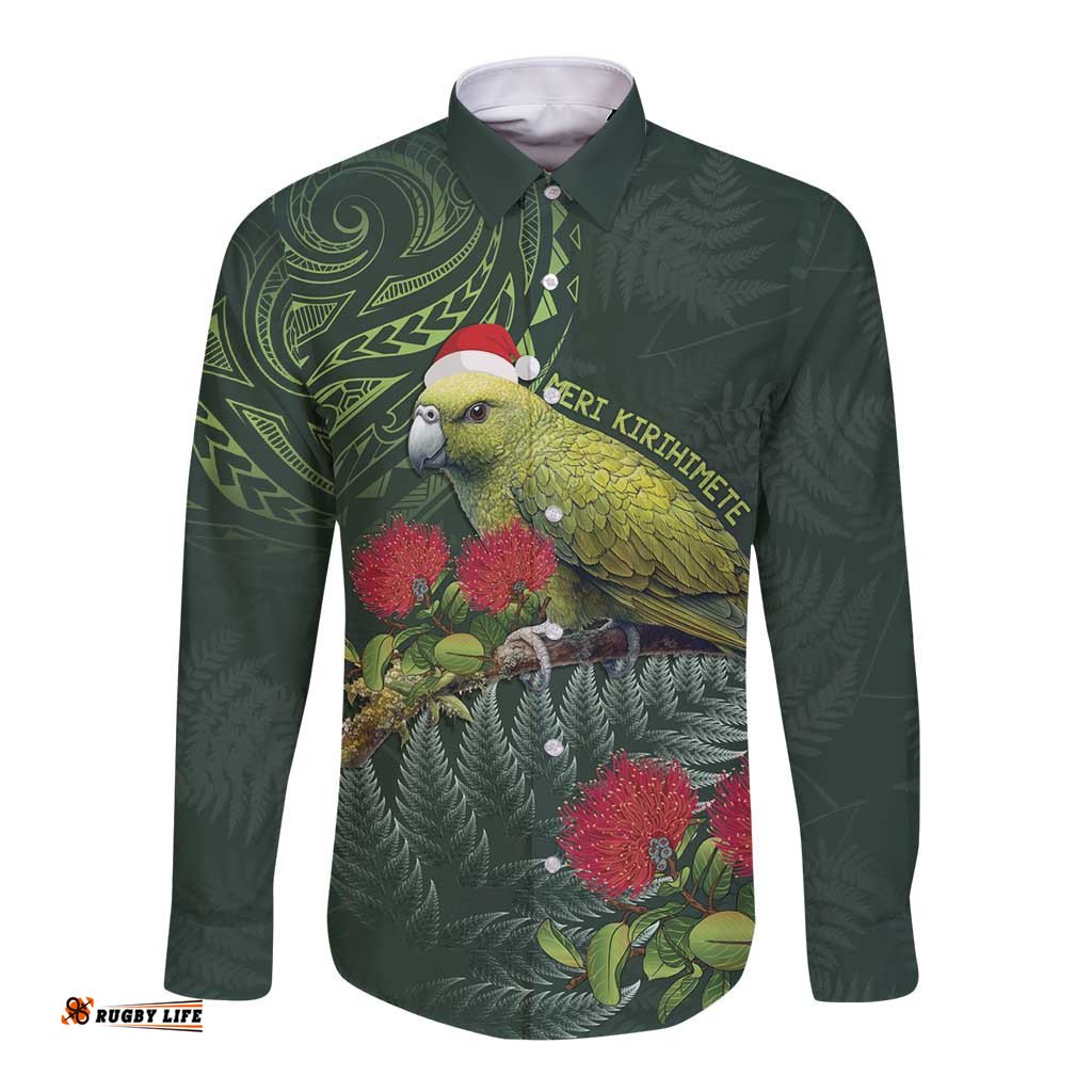Meri Kirihimete Kakapo Long Sleeve Button Shirt Green Silver Fern Christmas Vibe