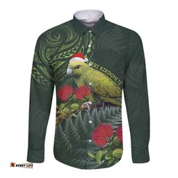 Meri Kirihimete Kakapo Long Sleeve Button Shirt Green Silver Fern Christmas Vibe