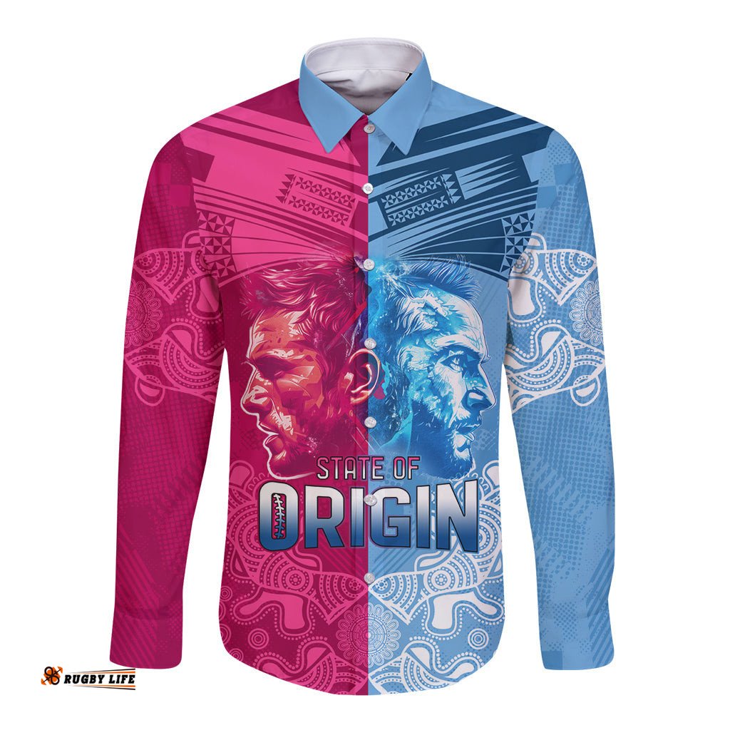 Custom New South Wales and Queensland Long Sleeve Button Shirt Rugby Mascot With Sporty Style
