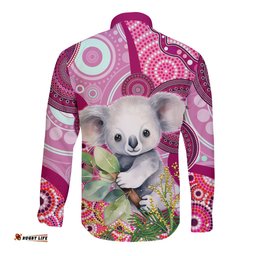 Personalised Australia Long Sleeve Button Shirt Cute Koala With Golden Wattle Indigenous Art