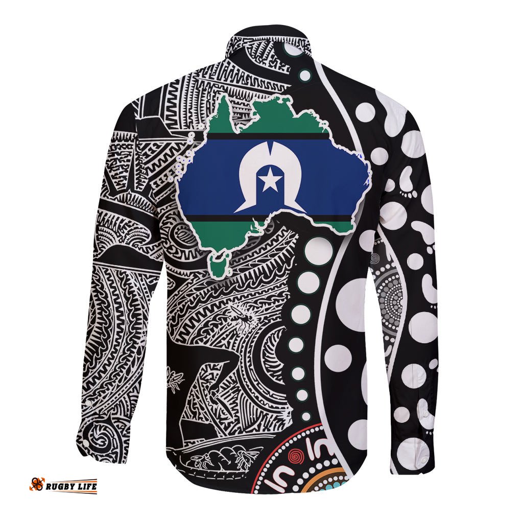 Torest Trait Islands Map Mix Aboriginal Pattern Long Sleeve Button Shirt TS04