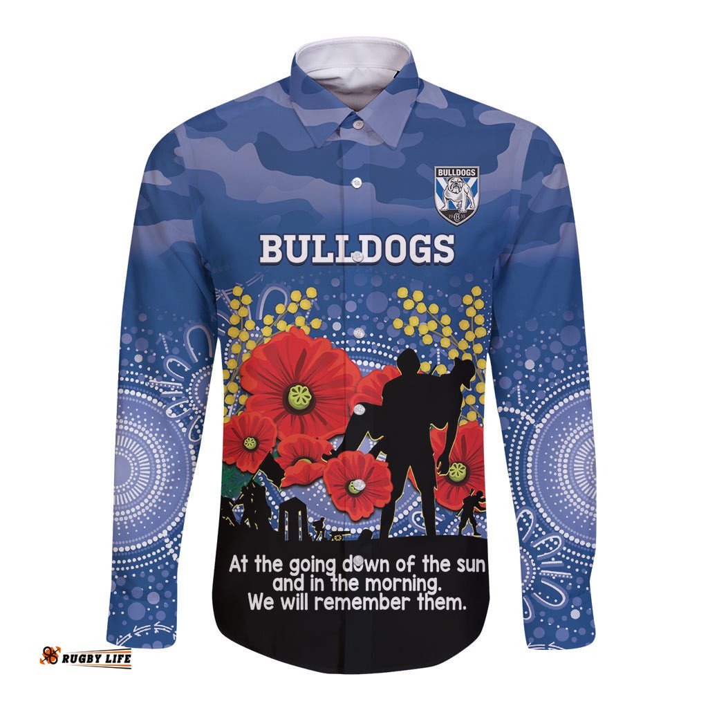 Custom Bulldogs Football ANZAC Long Sleeve Button Shirt Gallipoli Camouflage With Poppies